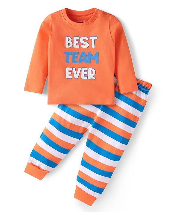 Babyhug Cotton Knit Full Sleeves Striped & Text Printed Night Suit - Orange