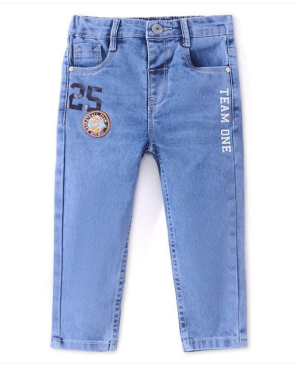 Babyhug Denim Full Length Jeans With Stretch & Text Print  - Blue