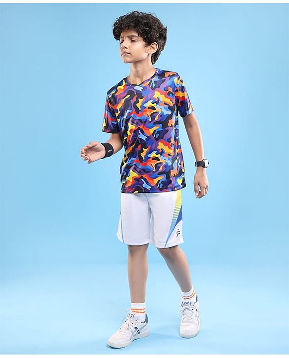 Pine Active Half Sleeves Camouflage Printed T-Shirt - Purple Blue & Yellow