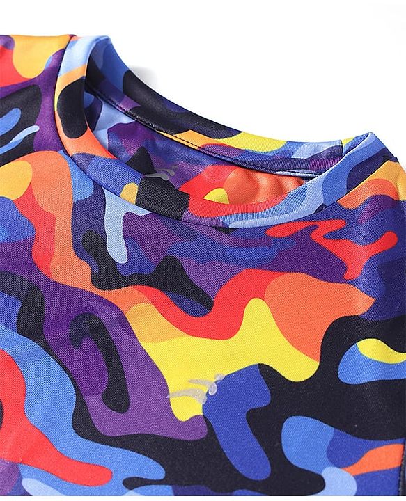 Pine Active Half Sleeves Camouflage Printed T-Shirt - Purple Blue & Yellow