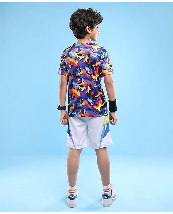Pine Active Half Sleeves Camouflage Printed T-Shirt - Purple Blue & Yellow