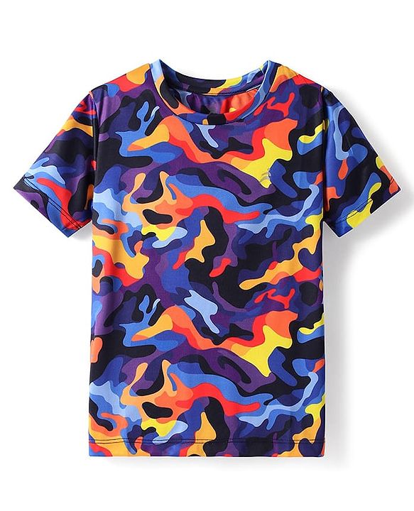 Pine Active Half Sleeves Camouflage Printed T-Shirt - Purple Blue & Yellow