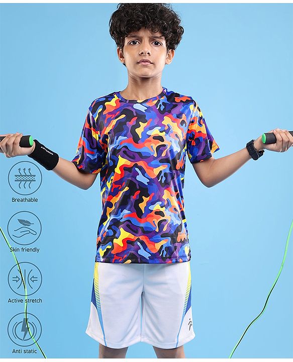Pine Active Half Sleeves Camouflage Printed T-Shirt - Purple Blue & Yellow