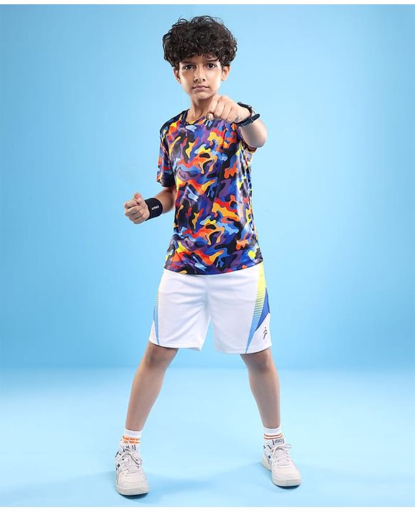 Pine Active Half Sleeves Camouflage Printed T-Shirt - Purple Blue & Yellow