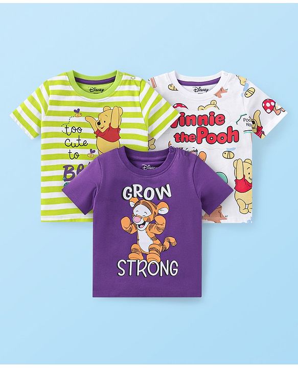 Babyhug Disney Single Jersey Knit Half Sleeves T-Shirts With Winnie The Pooh Graphics Pack of 3 - Green Violet & White