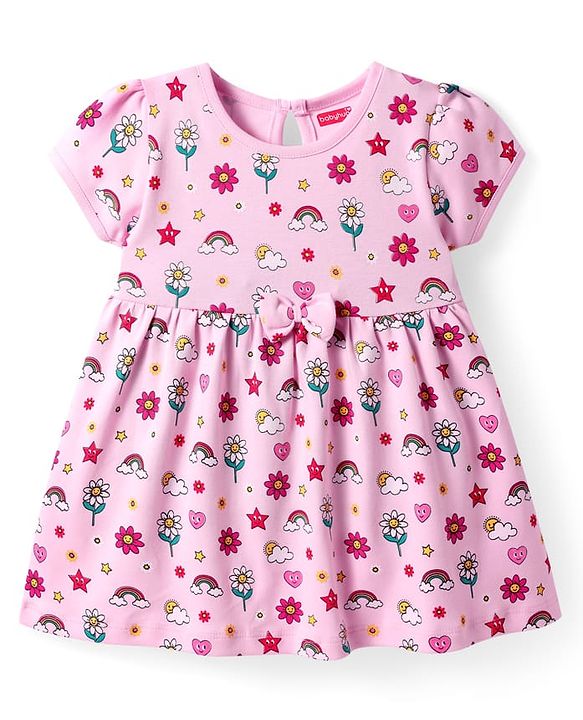 Babyhug Interlock Knit Half Sleeves Frock With Floral Print & Bow Applique - Pink