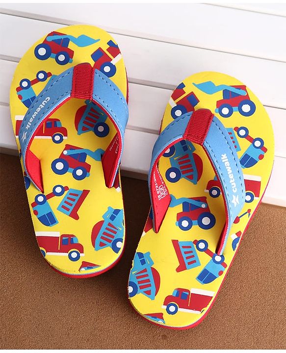 Cute Walk by Babyhug Vehicle Print Slip On Flip Flops - Yellow