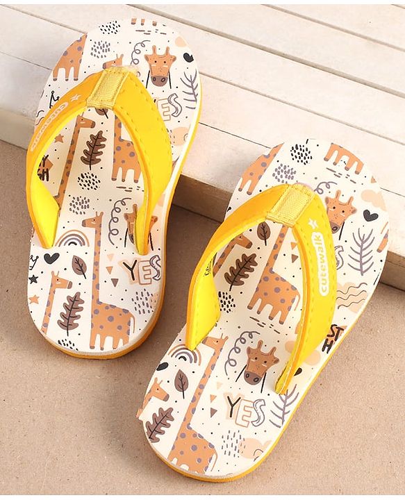 Cute Walk by Babyhug Slip On Flip Flops with Giraffe Print - Yellow