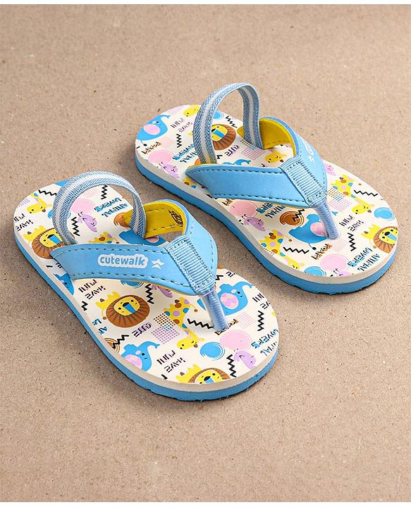 Cute Walk by Babyhug Flip Flops with Animal Print & Velcro Closure - Light Blue