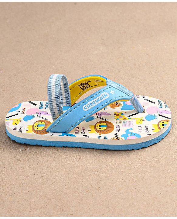 Cute Walk by Babyhug Flip Flops with Animal Print & Velcro Closure - Light Blue