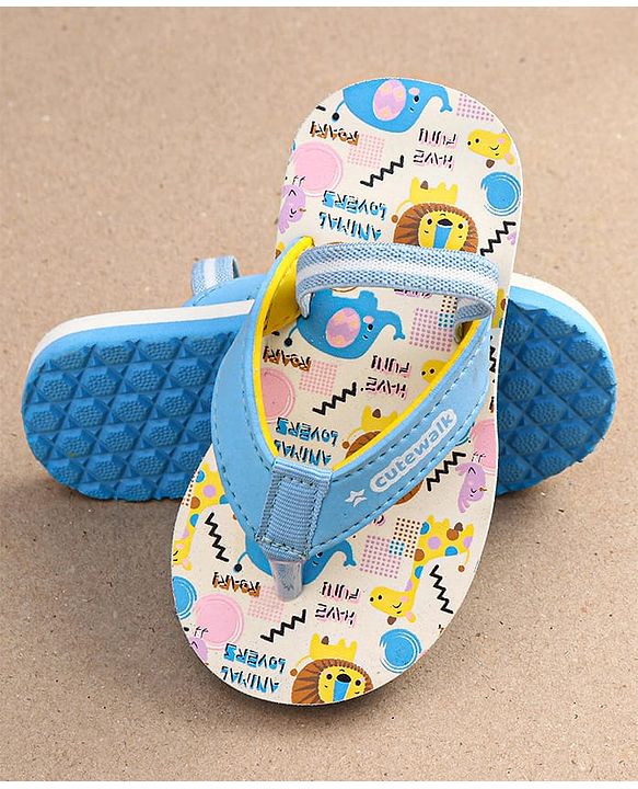 Cute Walk by Babyhug Flip Flops with Animal Print & Velcro Closure - Light Blue