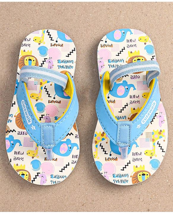 Cute Walk by Babyhug Flip Flops with Animal Print & Velcro Closure - Light Blue