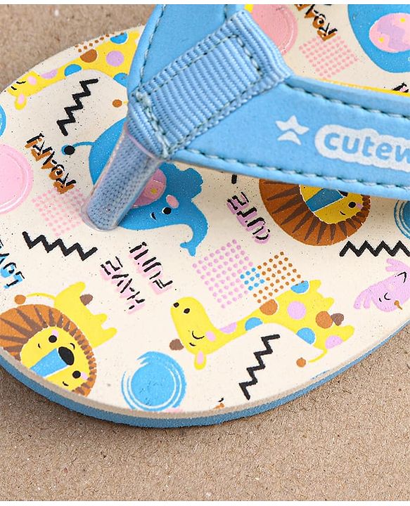 Cute Walk by Babyhug Flip Flops with Animal Print & Velcro Closure - Light Blue