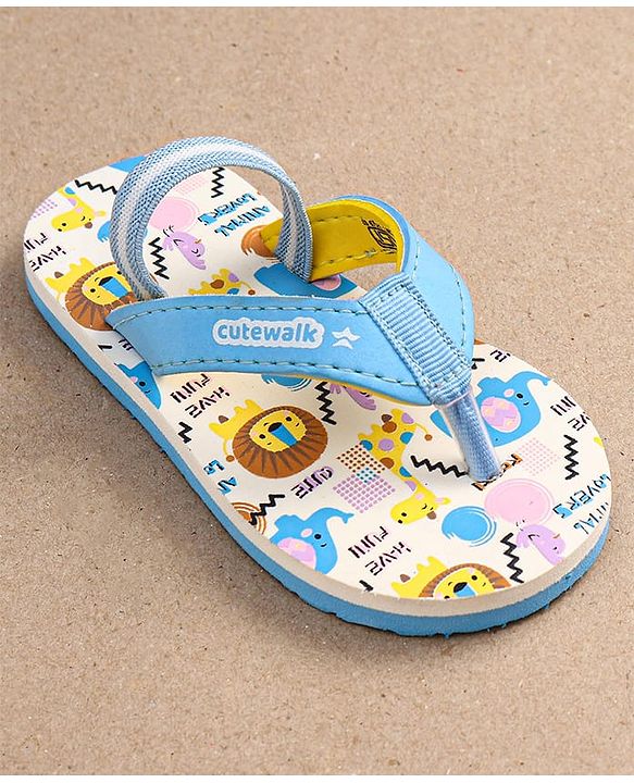 Cute Walk by Babyhug Flip Flops with Animal Print & Velcro Closure - Light Blue