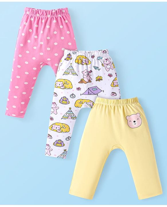 Babyhug Interlock Knit Full Length Diaper Leggings Animal Print Pack of 3 - Pink White & Yellow