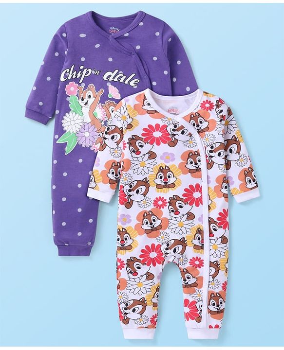 Babyhug Disney Interlock Knit Full Sleeves Front Open Romper with Chip & Dale Print Pack of  2  - Purple & White