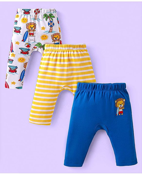 Babyhug Cotton Knit Full Length Diaper Leggings With Lion & Nautical Theme Print Pack of 3 - Blue White & Yellow