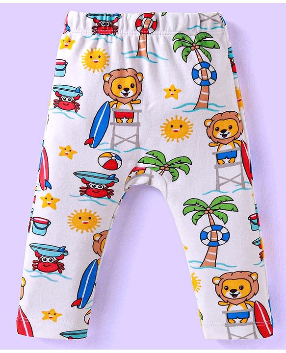 Babyhug Cotton Knit Full Length Diaper Leggings With Lion & Nautical Theme Print Pack of 3 - Blue White & Yellow