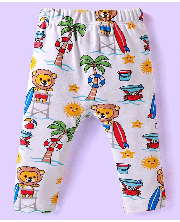 Babyhug Cotton Knit Full Length Diaper Leggings With Lion & Nautical Theme Print Pack of 3 - Blue White & Yellow