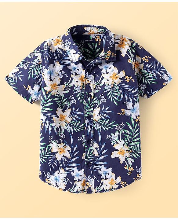 Pine Kids Cotton Woven Half Sleeves Shirt With Floral Print - Navy Blue