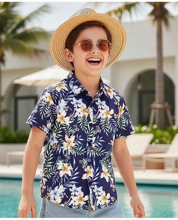 Pine Kids Cotton Woven Half Sleeves Shirt With Floral Print - Navy Blue