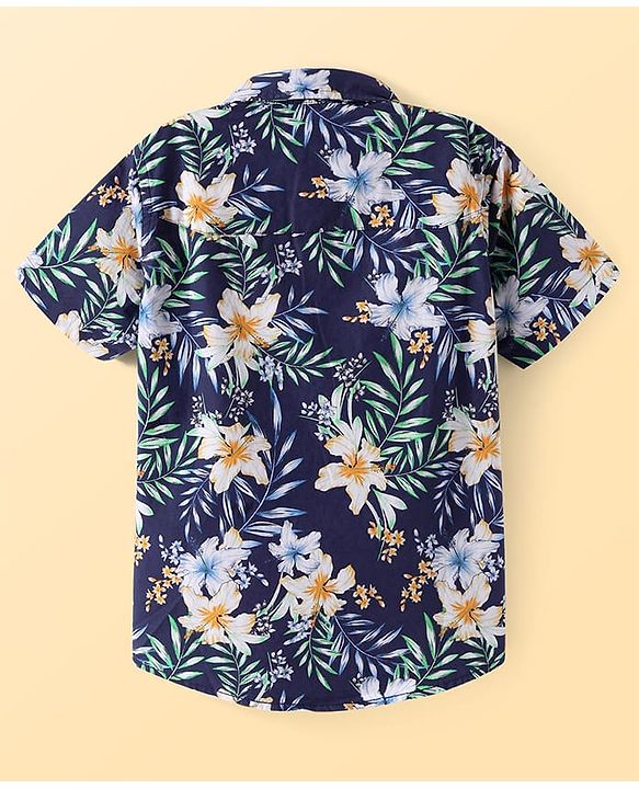 Pine Kids Cotton Woven Half Sleeves Shirt With Floral Print - Navy Blue