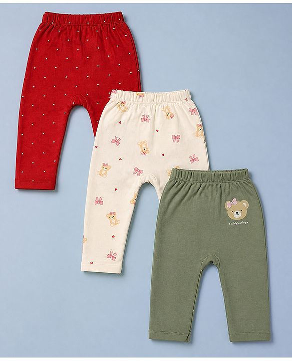 Babyhug Cotton Knit Full Length Diaper Leggings with Elephant Print & Stripes Pack of 3 - Yellow & White