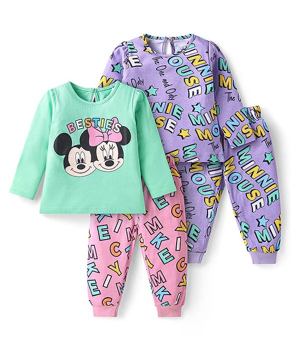 Babyhug Disney Cotton Knit Full Sleeves Night Suits With Mickey & Minnie Mouse Graphics Pack Of 2 - Lilac & Turquoise