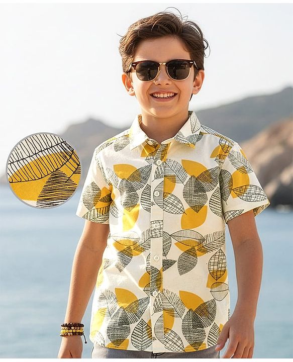 Pine Kids Cotton Woven Half Sleeves Shirt with Tropical Theme Print - White