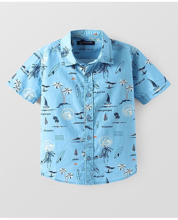 Pine Kids Cotton Woven Half Sleeves Shirt With Nautical Theme Print - Light Blue