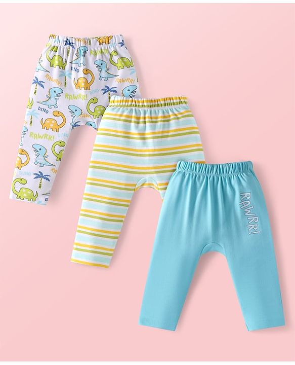 Babyhug Interlock Knit Full Length Diaper Leggings Dino Print Pack of 3 - Light Blue White & Green