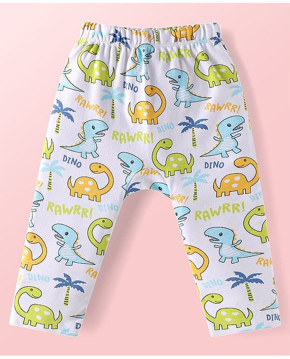 Babyhug Interlock Knit Full Length Diaper Leggings Dino Print Pack of 3 - Light Blue White & Green