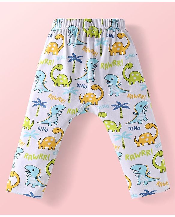 Babyhug Interlock Knit Full Length Diaper Leggings Dino Print Pack of 3 - Light Blue White & Green