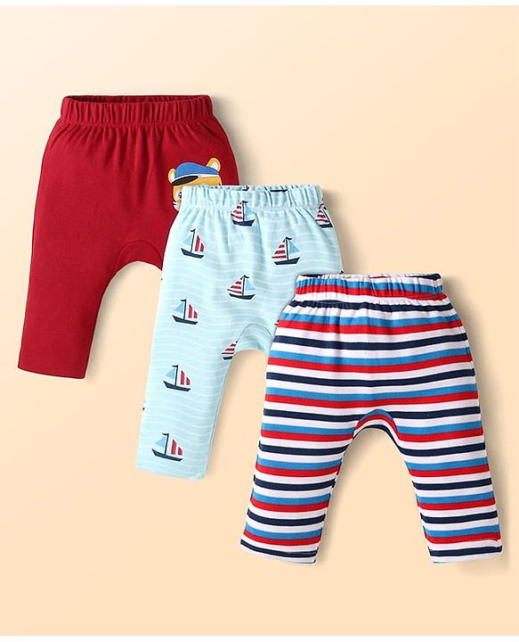 Babyhug Cotton Knit Full Length Diaper Leggings with Ship Print & Stripes Pack of 3 - Red Light Blue & White