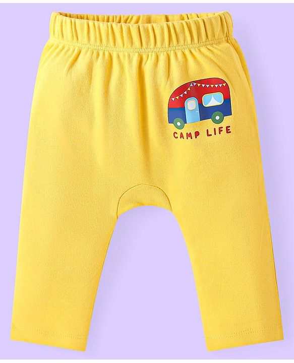 Babyhug Cotton Knit Full Length Diaper Leggings With Stripes & Vehicle Print Pack Of 3 - Red & Yellow