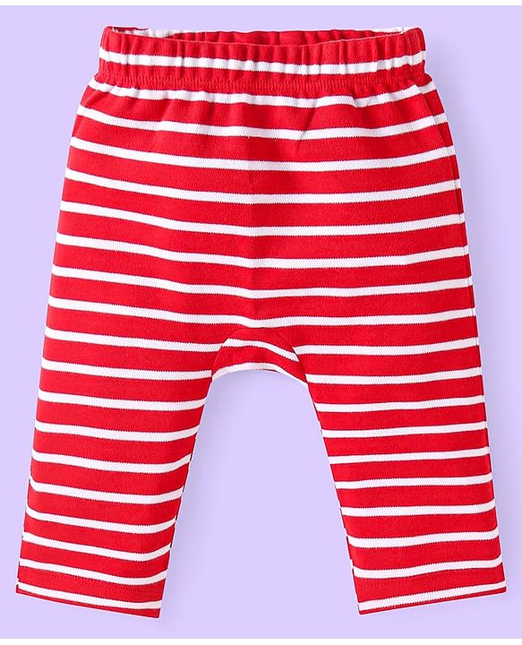 Babyhug Cotton Knit Full Length Diaper Leggings With Stripes & Vehicle Print Pack Of 3 - Red & Yellow