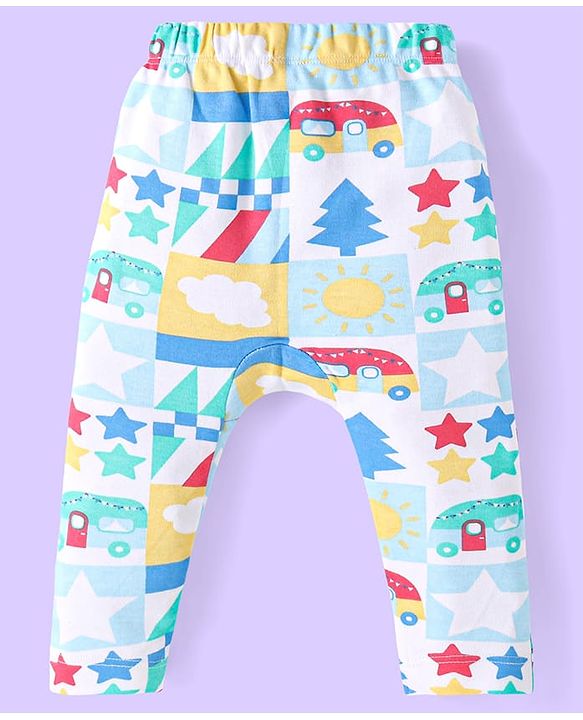 Babyhug Cotton Knit Full Length Diaper Leggings With Stripes & Vehicle Print Pack Of 3 - Red & Yellow