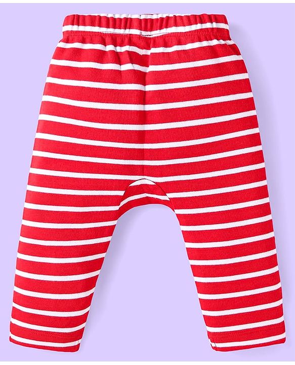 Babyhug Cotton Knit Full Length Diaper Leggings With Stripes & Vehicle Print Pack Of 3 - Red & Yellow