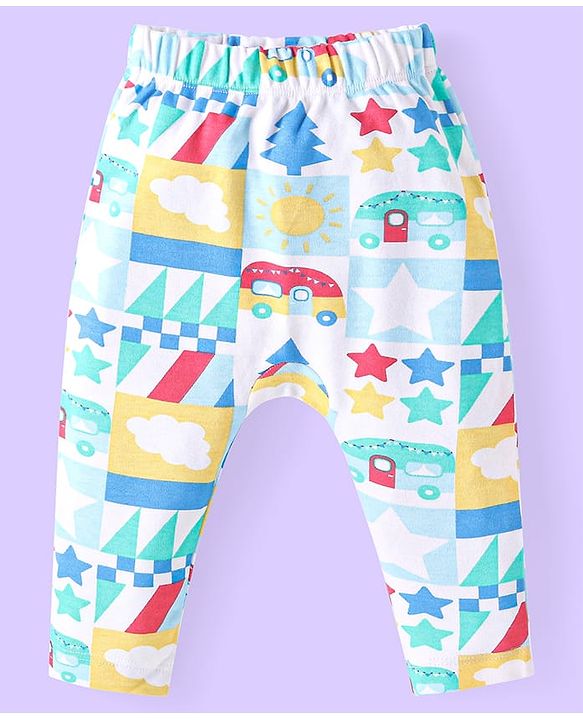 Babyhug Cotton Knit Full Length Diaper Leggings With Stripes & Vehicle Print Pack Of 3 - Red & Yellow