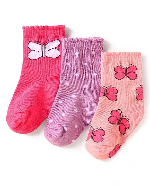 Cute Walk By Babyhug Cotton Knit Anti-Bacterial Ankle Length Socks With Butterfly & Polka Dot Design Pack Of 3 - Purple Pink & Red