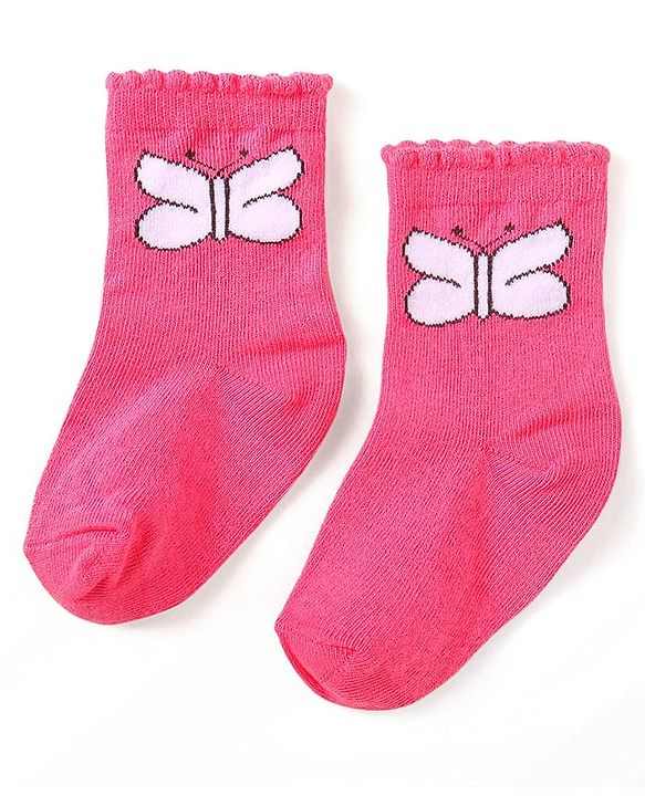 Cute Walk By Babyhug Cotton Knit Anti-Bacterial Ankle Length Socks With Butterfly & Polka Dot Design Pack Of 3 - Purple Pink & Red