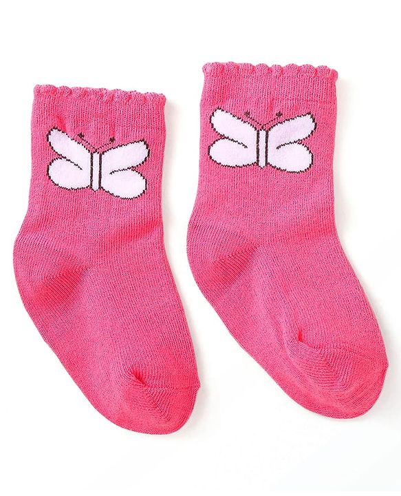 Cute Walk By Babyhug Cotton Knit Anti-Bacterial Ankle Length Socks With Butterfly & Polka Dot Design Pack Of 3 - Purple Pink & Red