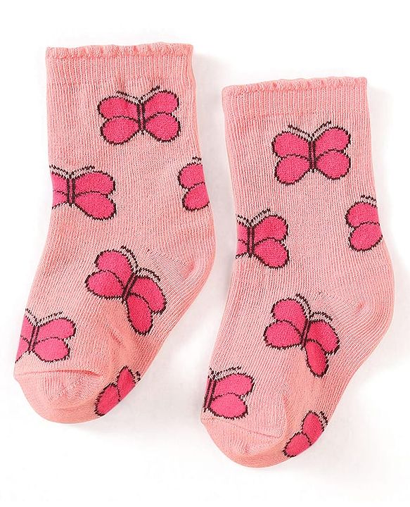 Cute Walk By Babyhug Cotton Knit Anti-Bacterial Ankle Length Socks With Butterfly & Polka Dot Design Pack Of 3 - Purple Pink & Red