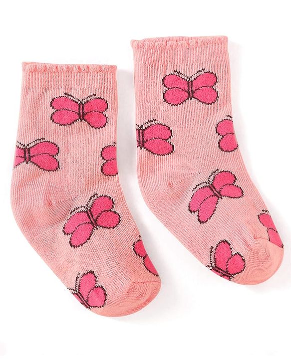 Cute Walk By Babyhug Cotton Knit Anti-Bacterial Ankle Length Socks With Butterfly & Polka Dot Design Pack Of 3 - Purple Pink & Red