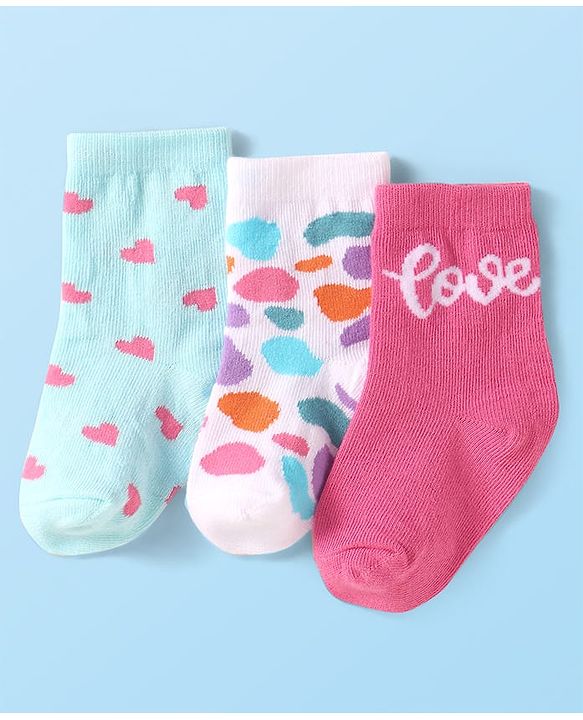 Cute Walk By Babyhug Anti-Bacterial Ankle Length Socks With Text & Heart Design Pack Of 3 - Pink & Light Blue