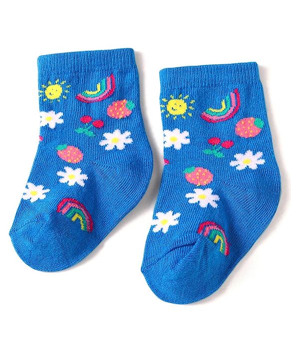 Cute Walk by Babyhug Knit Ankle Length Socks With Floral & Fruit Design Pack of 3 - Blue Yellow & Pink