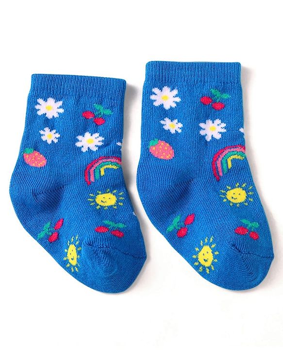 Cute Walk by Babyhug Knit Ankle Length Socks With Floral & Fruit Design Pack of 3 - Blue Yellow & Pink