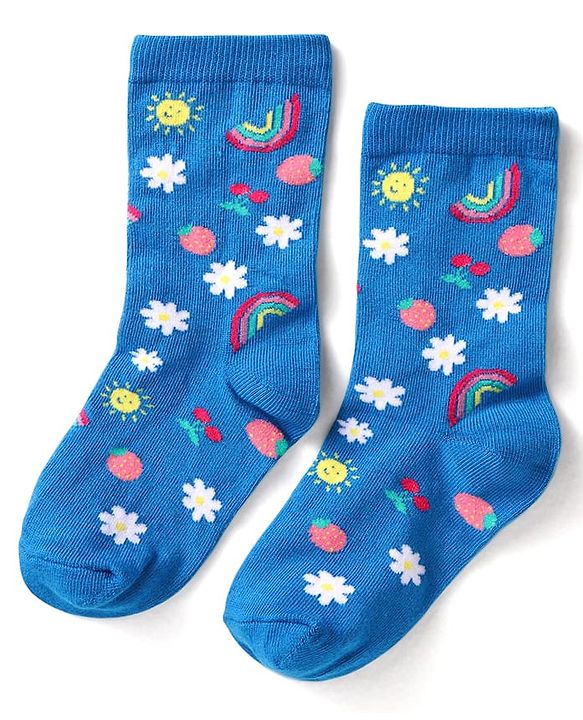 Cute Walk by Babyhug Knit Ankle Length Socks With Floral & Fruit Design Pack of 3 - Blue Yellow & Pink
