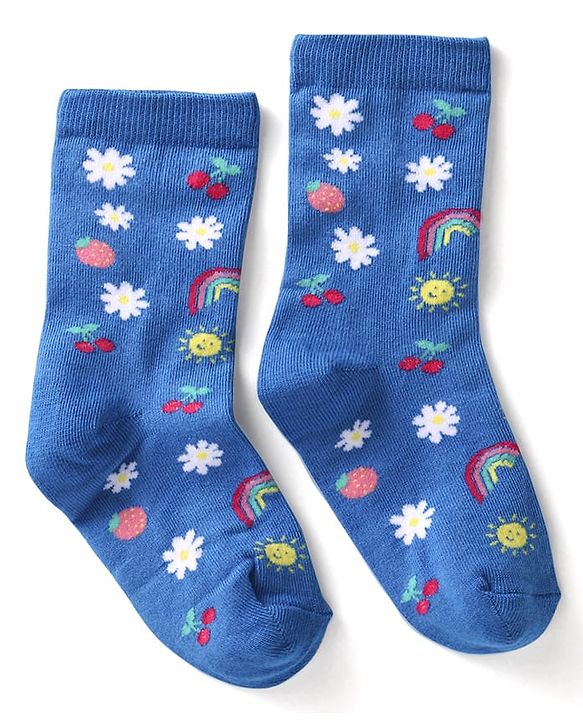 Cute Walk by Babyhug Knit Ankle Length Socks With Floral & Fruit Design Pack of 3 - Blue Yellow & Pink