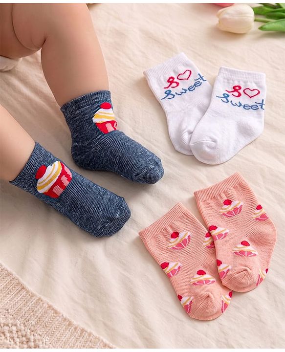 Cute Walk by Babyhug Knit Ankle Length Socks With Text Design Pack of 3 - Pink White & Grey